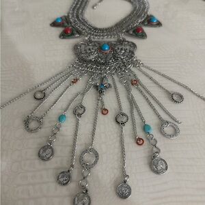Bohemian Silver Necklace with Turquoise and Red Accents